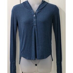 Cabi XS Blue Gray Striped Hooded Henley Top lounge Long Sleeve Casual minimalist